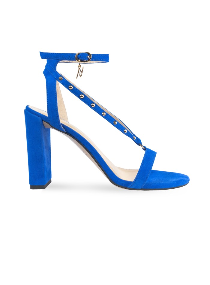 Square heel sandal in blue with gold details