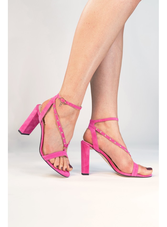 Square heel sandal in fuchsia color with golden...