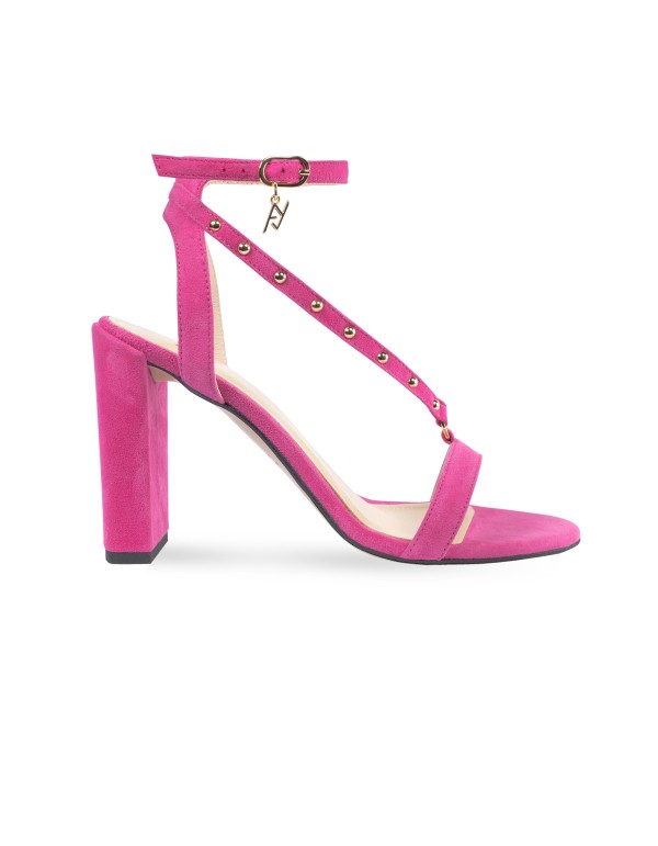 Sandale à talon carré fuchsia avec détails dorés