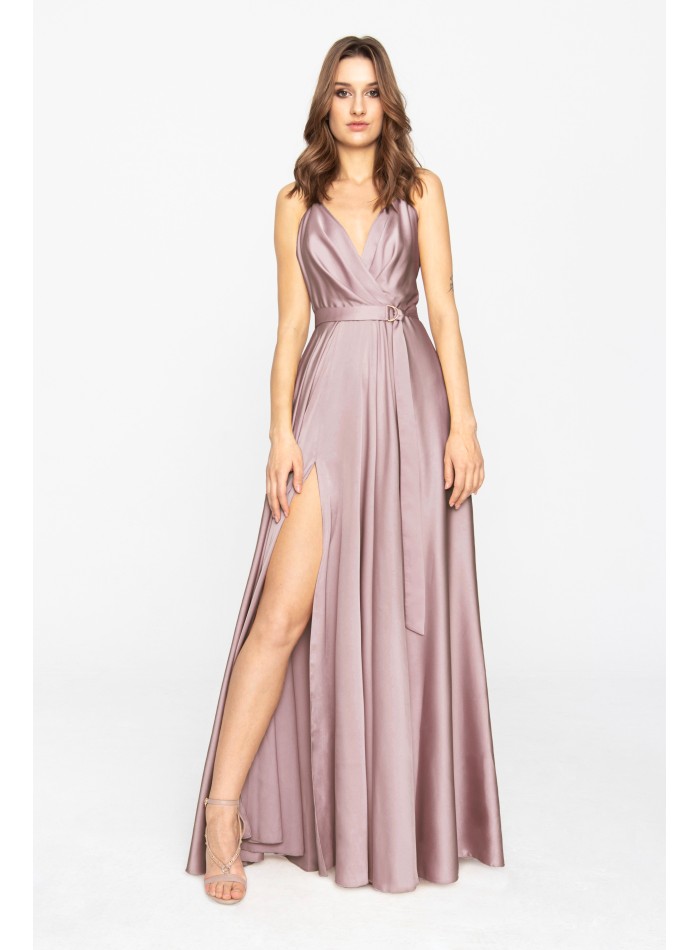 Mauve satin long dress with V-neckline and side slit