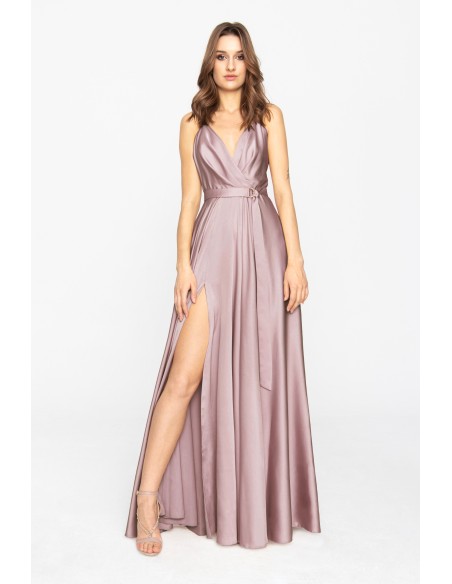 Mauve satin long dress with V-neckline and side slit