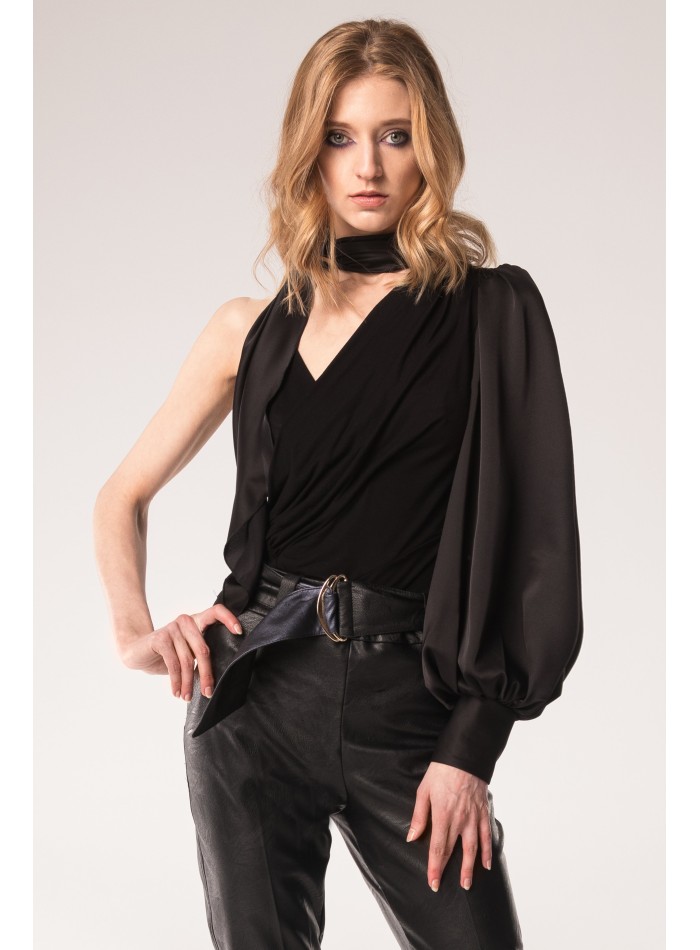 Black long sleeved body with high neck and asymmetrical cross over design