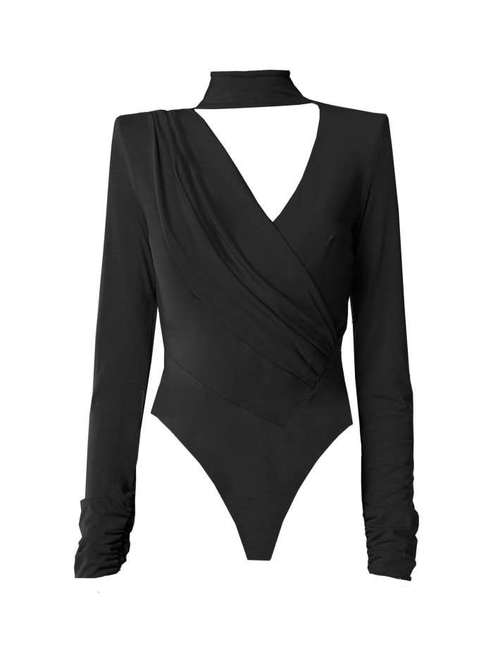 Long sleeve black body with high and asymmetrical neckline