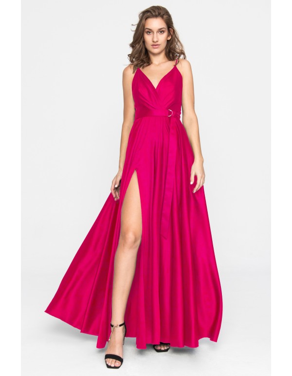 Vestido largo satinado fucsia con escote en V