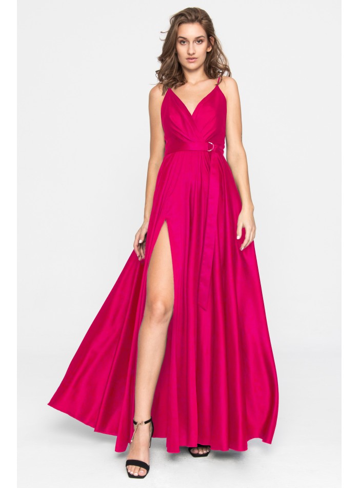 Fuchsia satin long dress with V-neckline