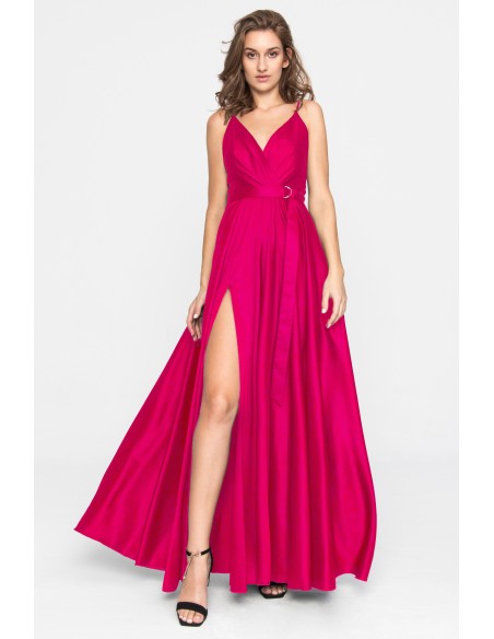 Fuchsia satin long dress with V-neckline