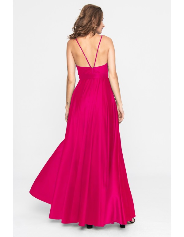 Vestido largo satinado fucsia con escote en V 2