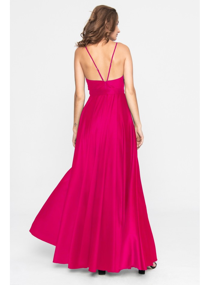 Fuchsia satin long dress with V-neckline