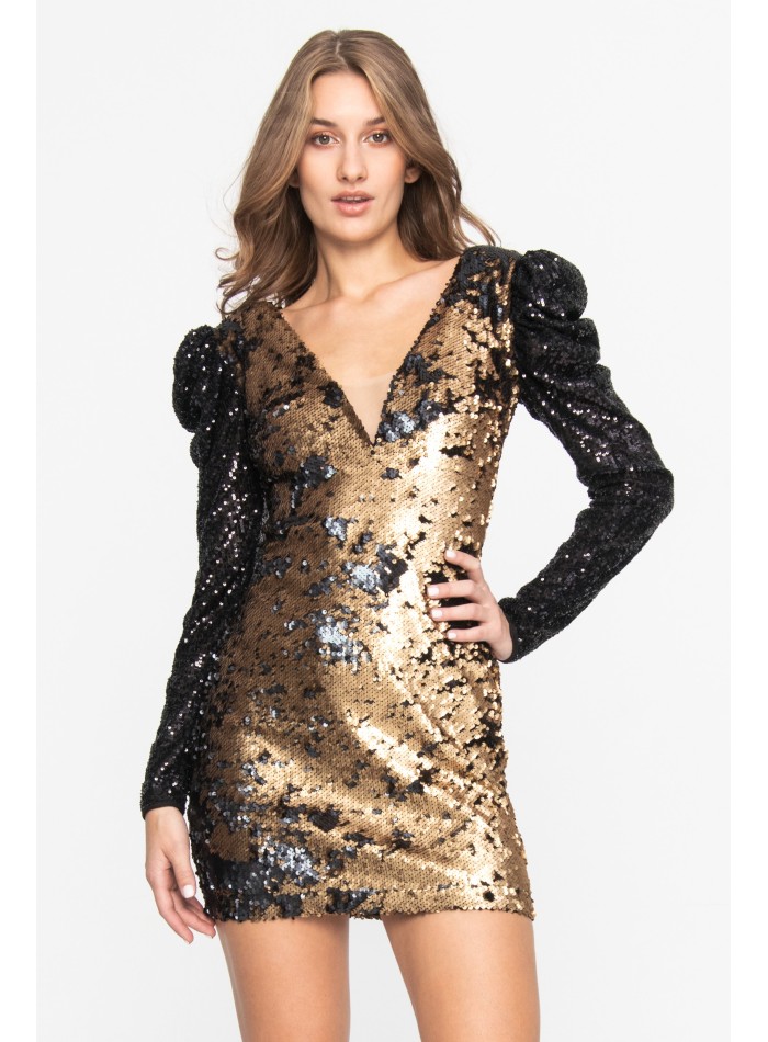 Short gold sequin dress with long sleeves and v-neckline