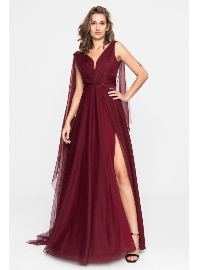 Long burgundy tulle dress with side slit