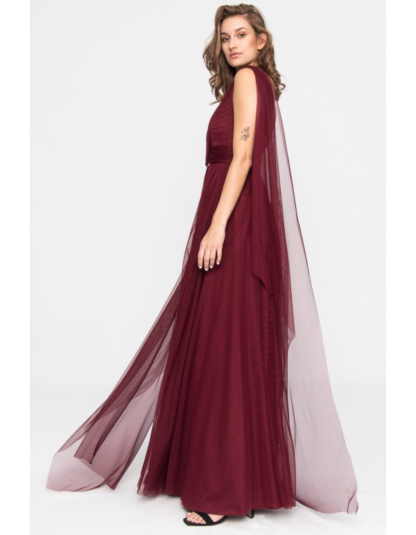 Long burgundy tulle dress with side slit 2