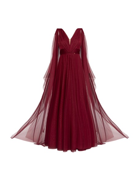 Vestido largo de tul burdeos con abertura lateral