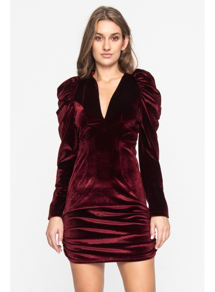 Burgundy velvet mini dress with puffed sleeves