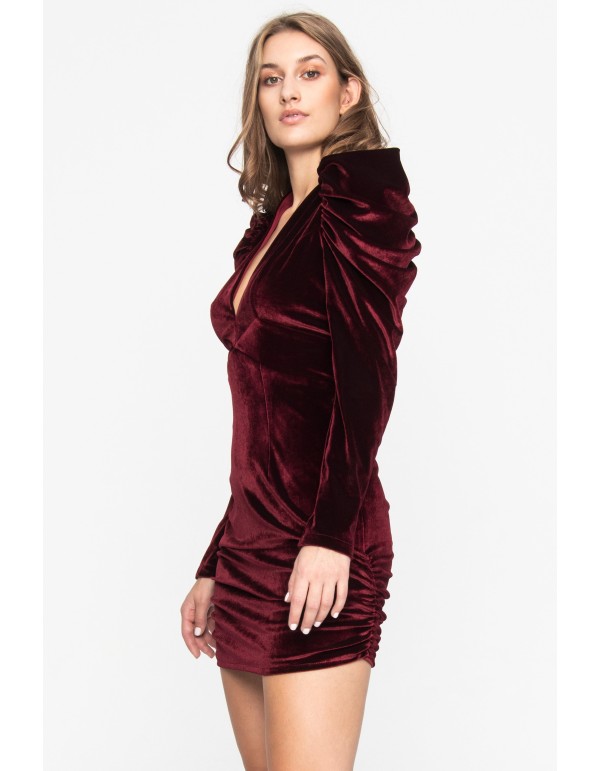 Vestido mini de terciopelo burdeos con mangas abullonadas 2