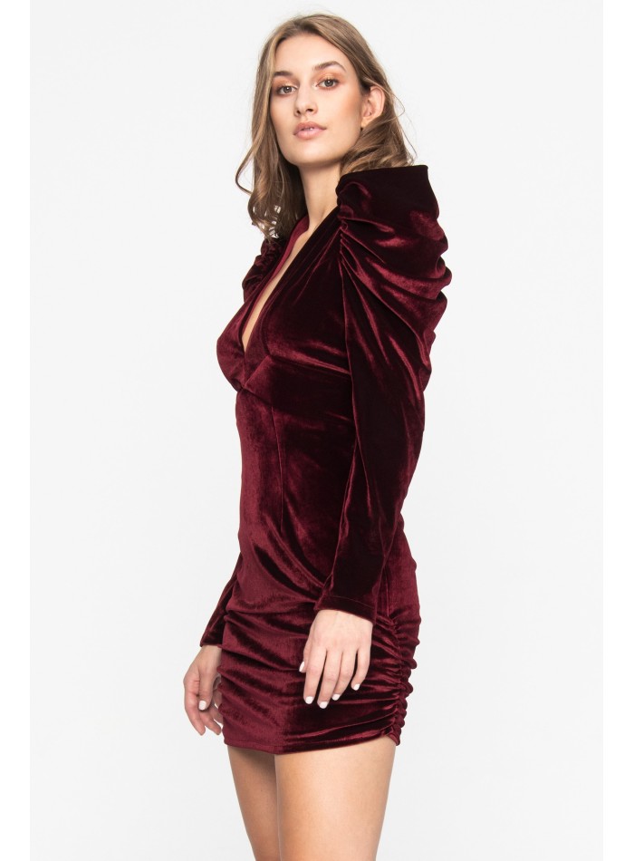 Burgundy velvet mini dress with puffed sleeves