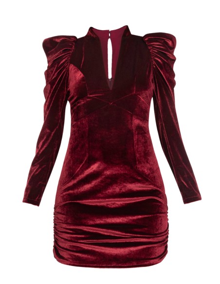Burgundy velvet mini dress with puffed sleeves