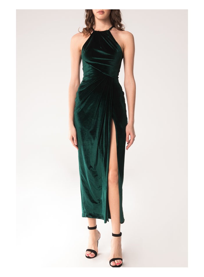 Robe de soirée midi en velours vert émeraude avec fente latérale