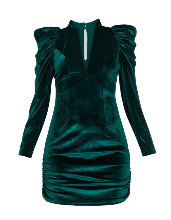 Mini robe en velours vert émeraude à manches bouffantes 2