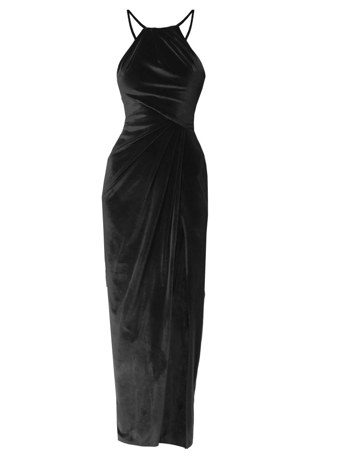 Black velvet midi party dress in black velvet...
