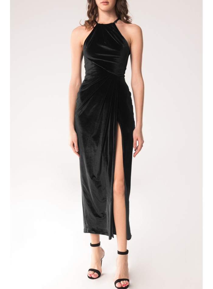 Black velvet midi party dress in black velvet with side slit