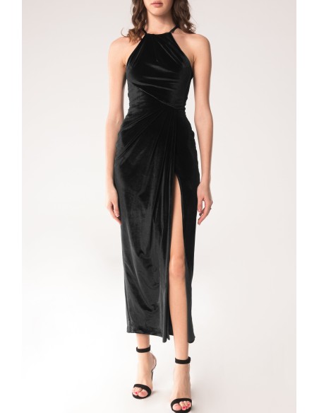 Robe de soirée midi en velours noir avec fente latérale