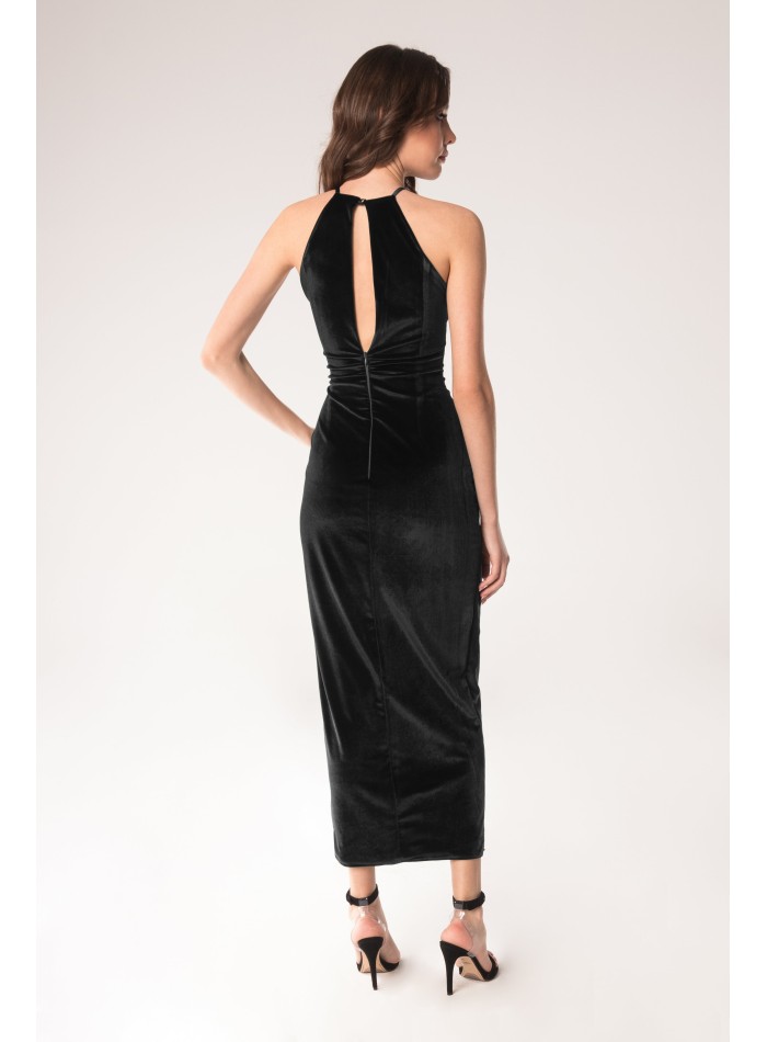 Black velvet midi party dress in black velvet...