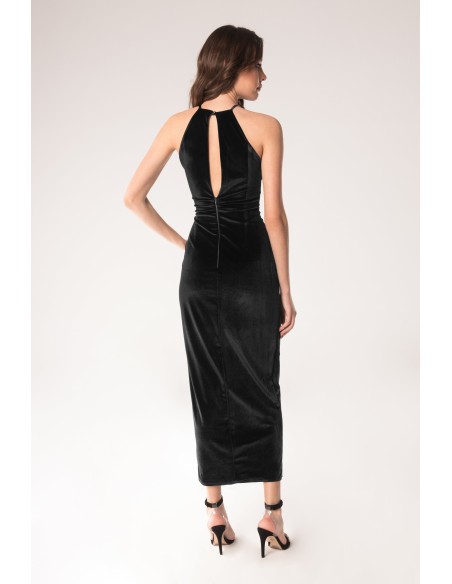 Black velvet midi party dress in black velvet with side slit