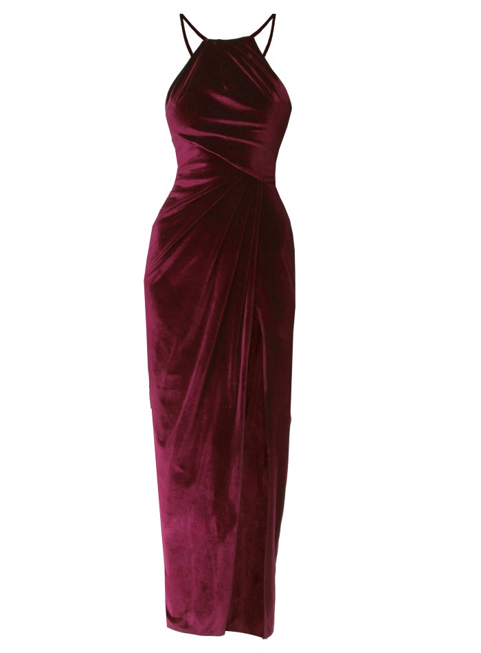 Burgundy velvet midi party dress with side slit