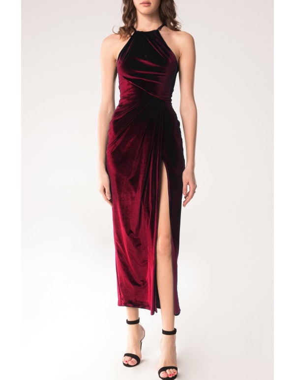 Vestido de fiesta midi en terciopelo burdeos con abertura...