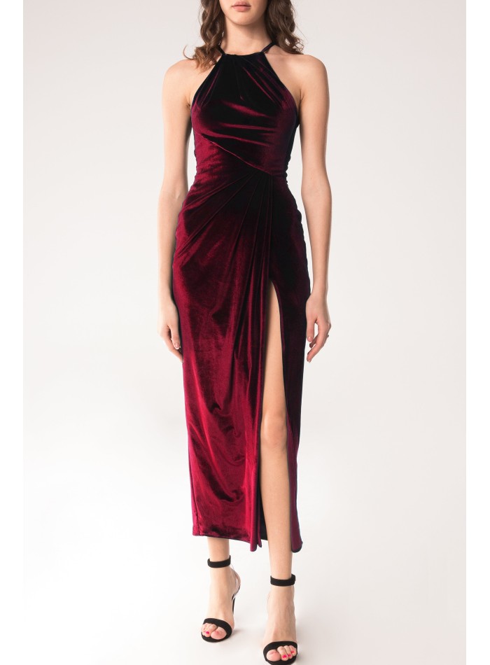 Burgundy velvet midi party dress with side slit