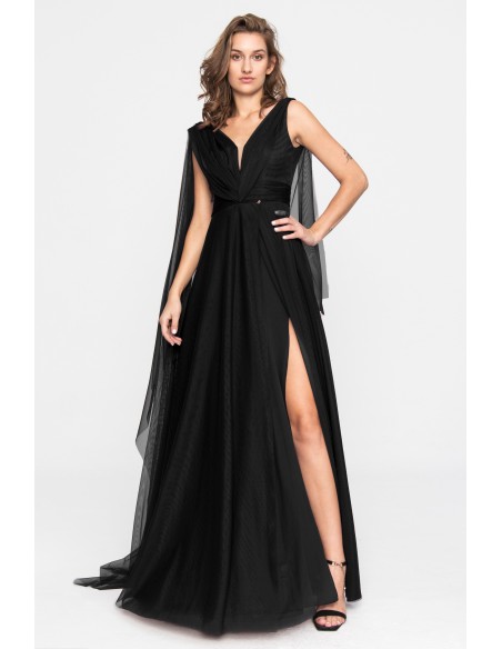 Longue robe de soirée noire en tulle avec fente