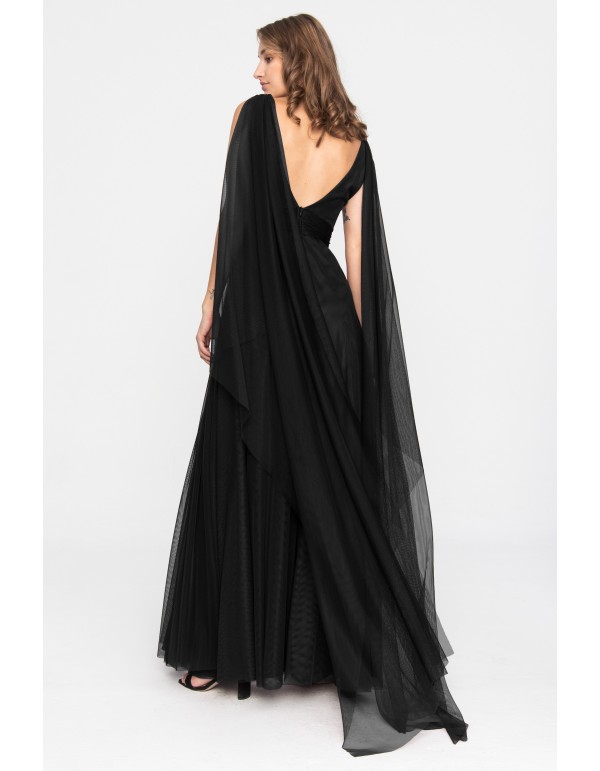 Long black evening dress in tulle with slit 2