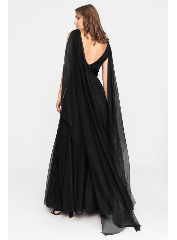 Longue robe de soirée noire en tulle avec fente