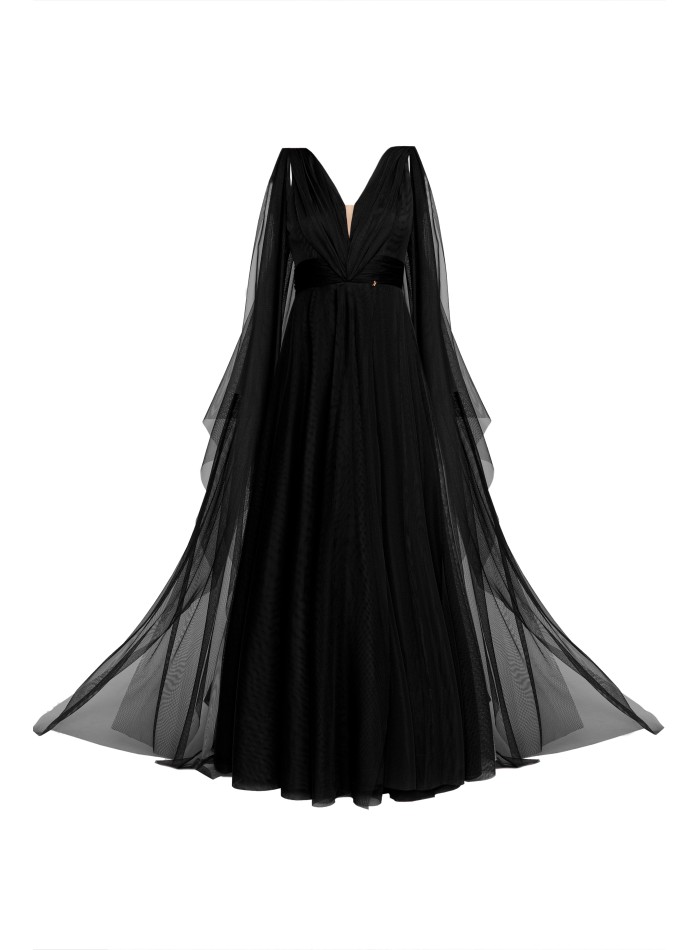 Longue robe de soirée noire en tulle avec fente