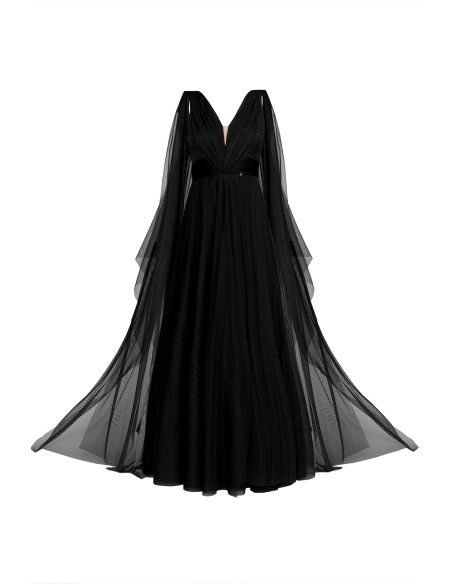 Longue robe de soirée noire en tulle avec fente