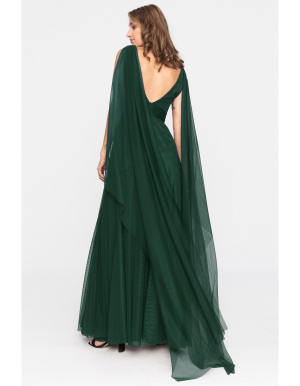Long evening dress in emerald green tulle with slit 2