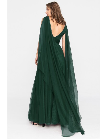 Vestido largo de noche de tul verde esmeralda con abertura
