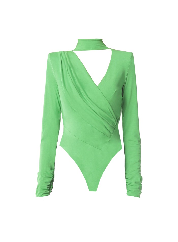 Green long-sleeved body with asymmetrical high neck and asymmetrical collar