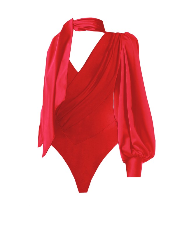 Body de fiesta rojo asimétrico con manga abullonada