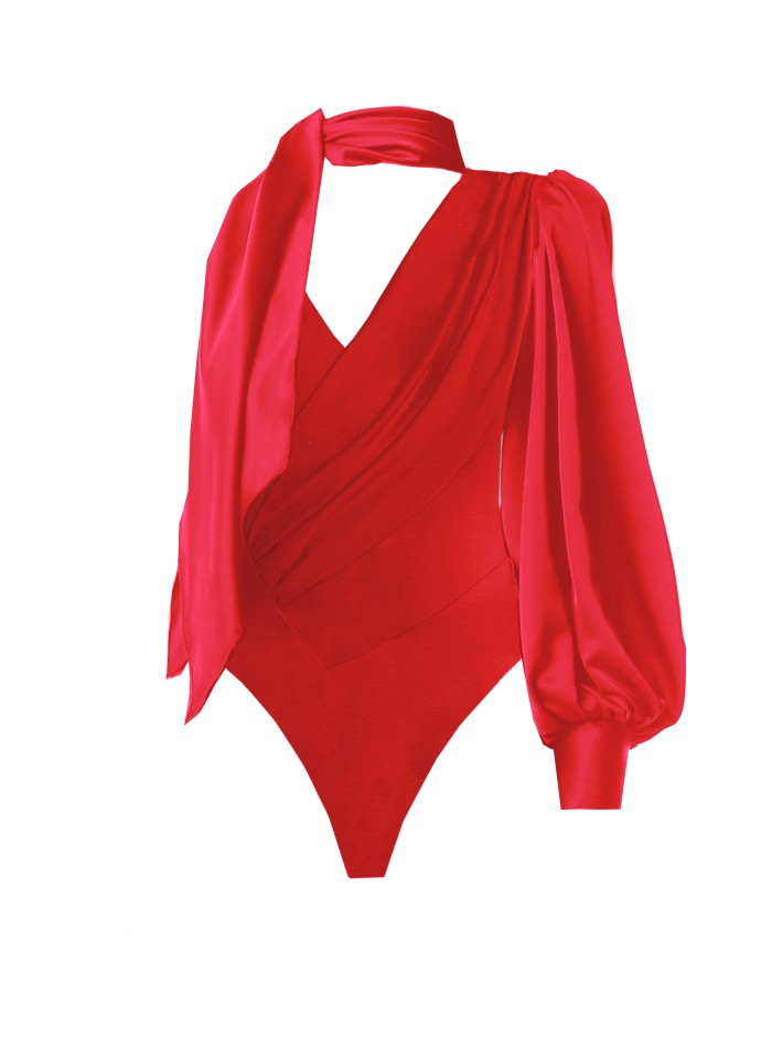 Asymmetrical red party bodysuit with puffed sleeves