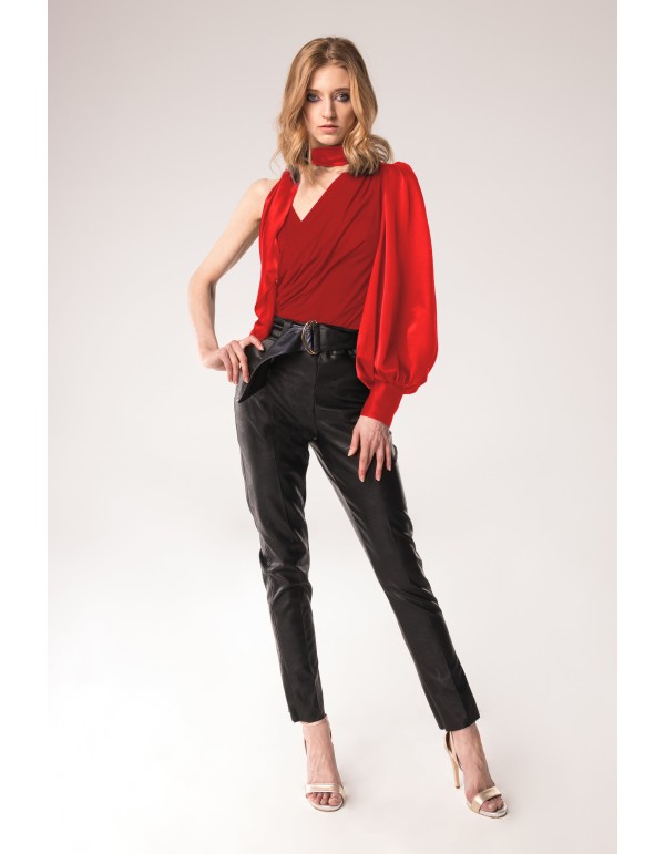 Body de fête rouge asymétrique à manches bouffantes 2
