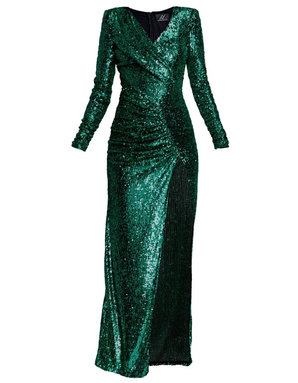 Vestido largo verde de lentejuelas con abertura para... 2