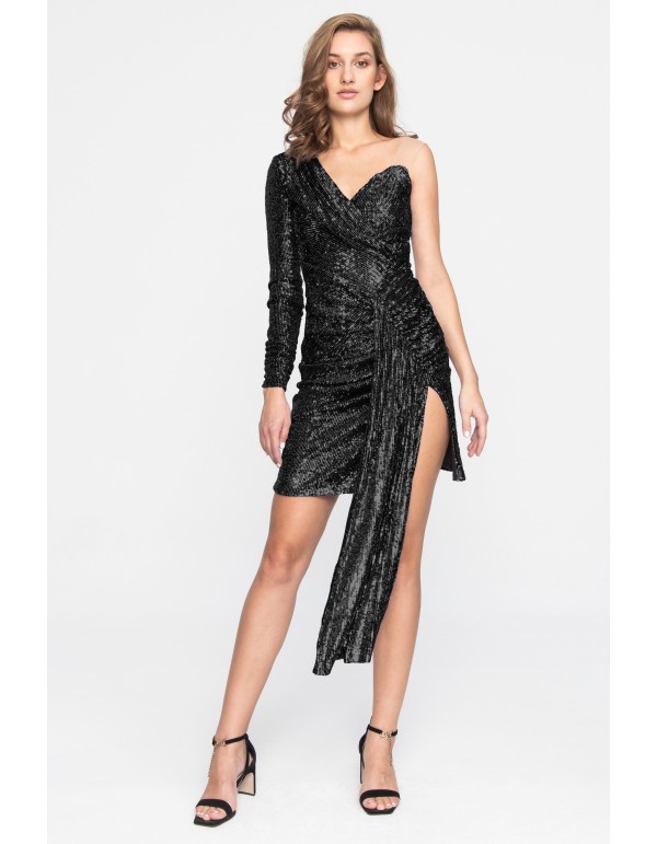 Asymmetrical mini dress with slit and sequins for guests