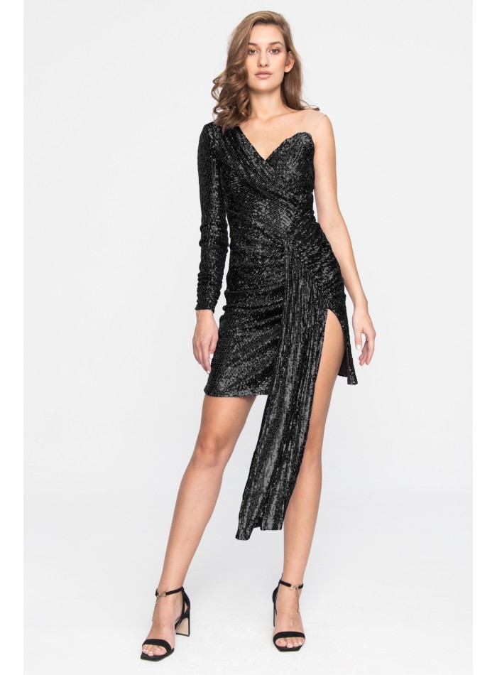 Asymmetrical mini dress with slit and sequins for guests