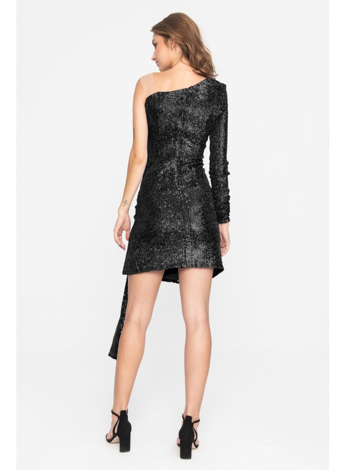 Asymmetrical mini dress with slit and sequins...