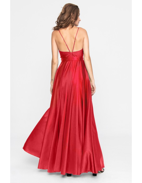 Long red dress with side slit and belt for guests 2