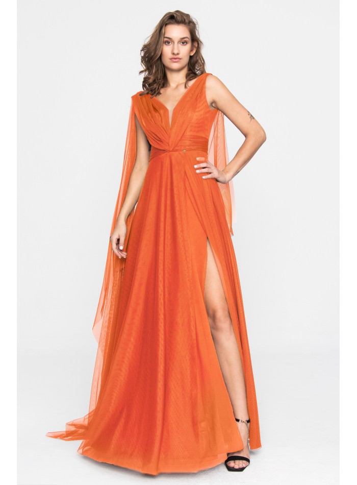 Orange tulle party dress with V-neckline and slit