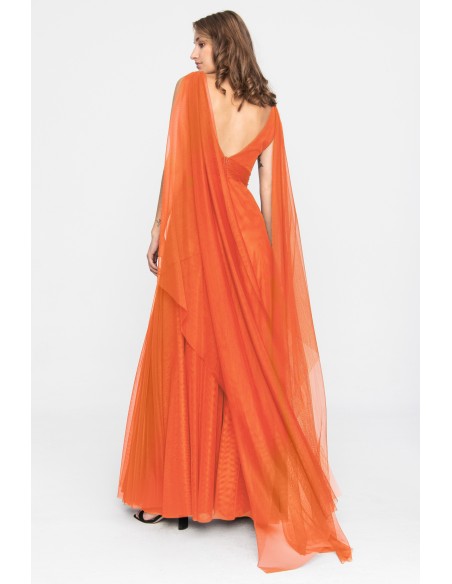 Orange tulle party dress with V-neckline and slit