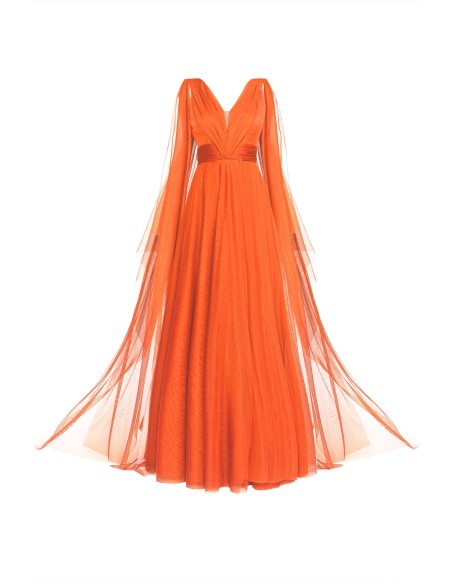 Robe de soirée orange en tulle avec décolleté en V et fente