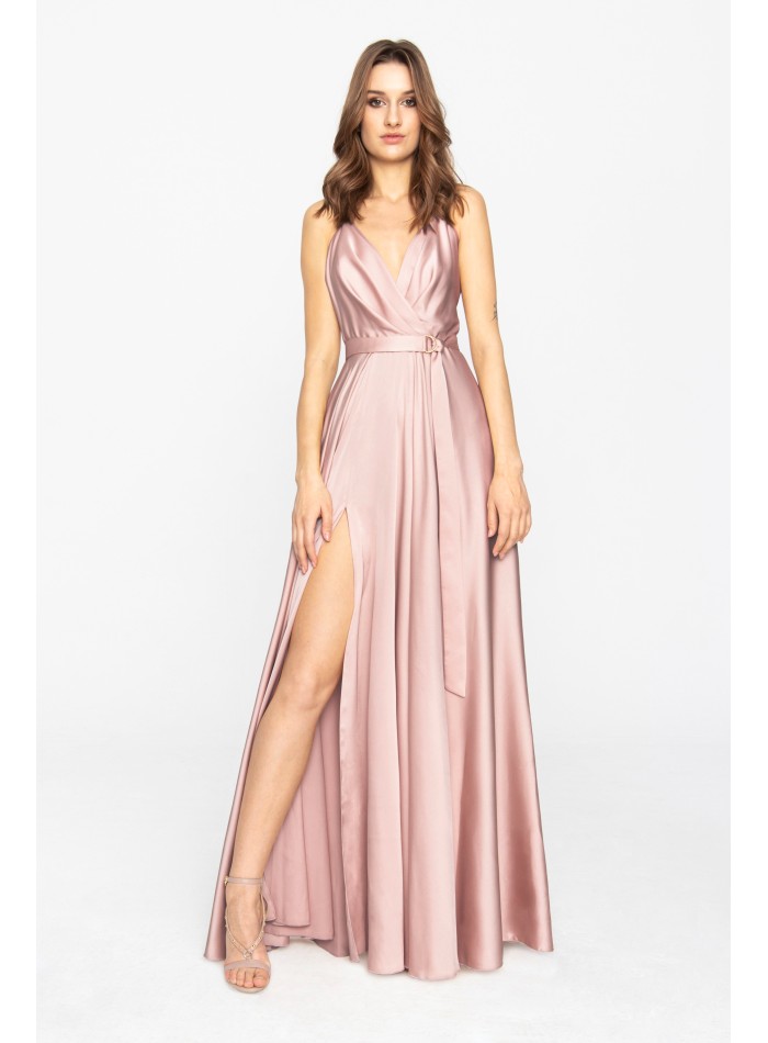 Long satin dusty pink party dress with flounce